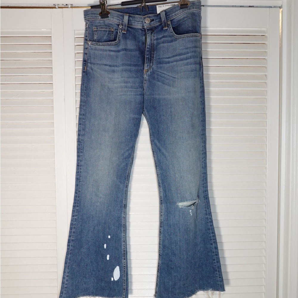 rag & bone Light Blue Flare Jeans with Paint Detail